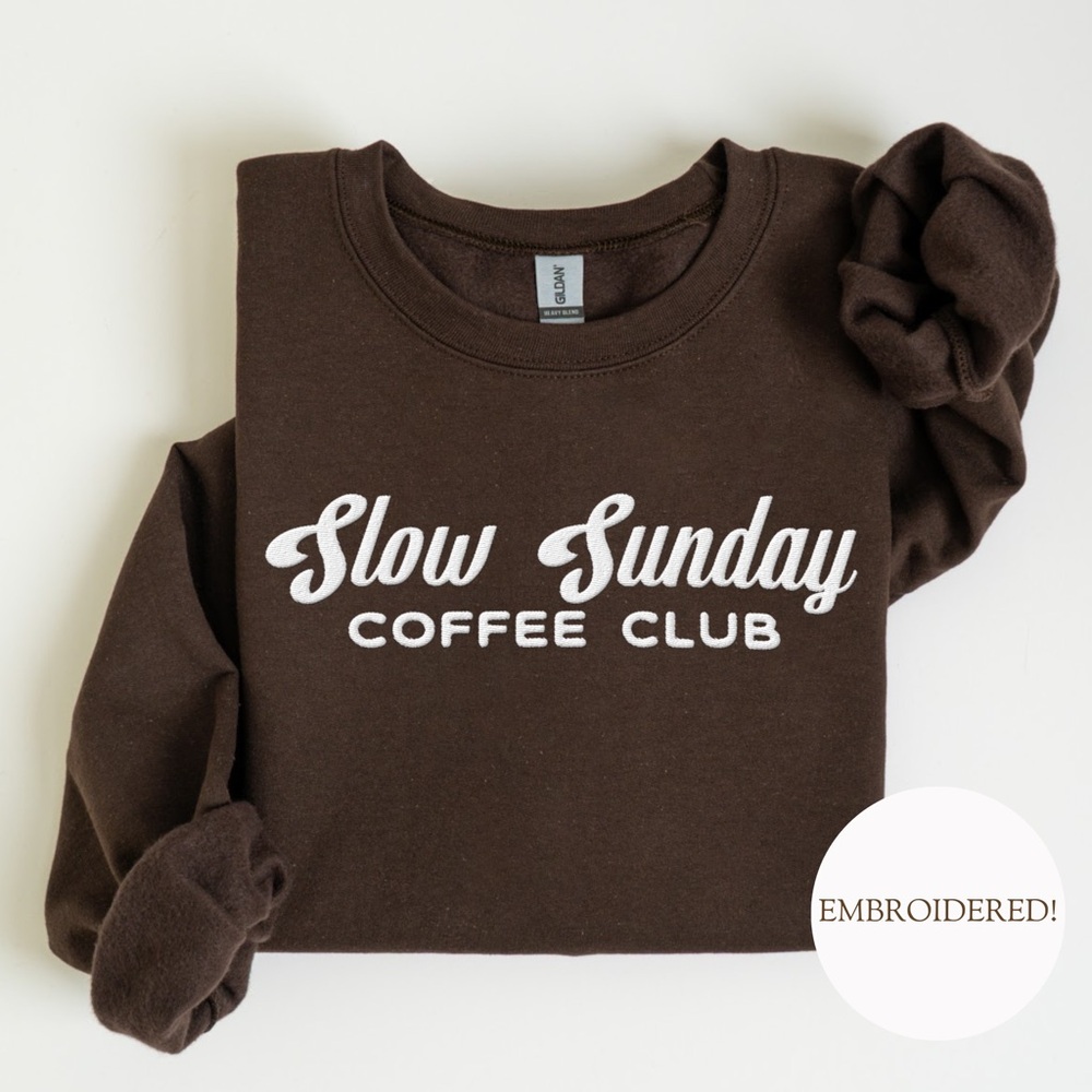 Embroidered Slow Sunday Coffee Club Gildan Crewneck Sweatshirt, Size S, …